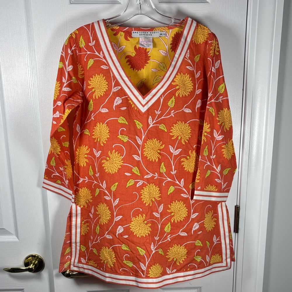 Gretchen Scott Long Sleeve Blouse Orange Yellow Floral Size Small Tunic V-Neck